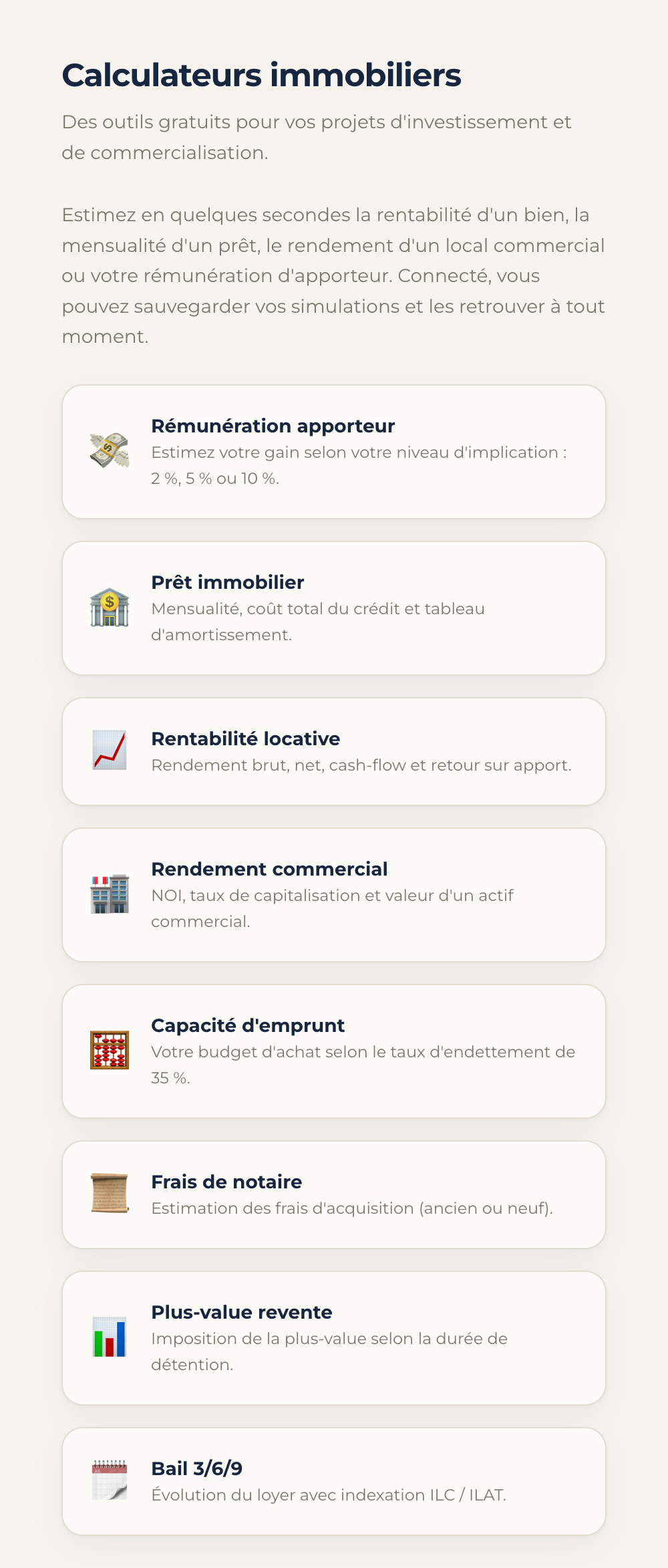 Aperçu des calculateurs immobiliers gratuits de l'application ELYZZ.